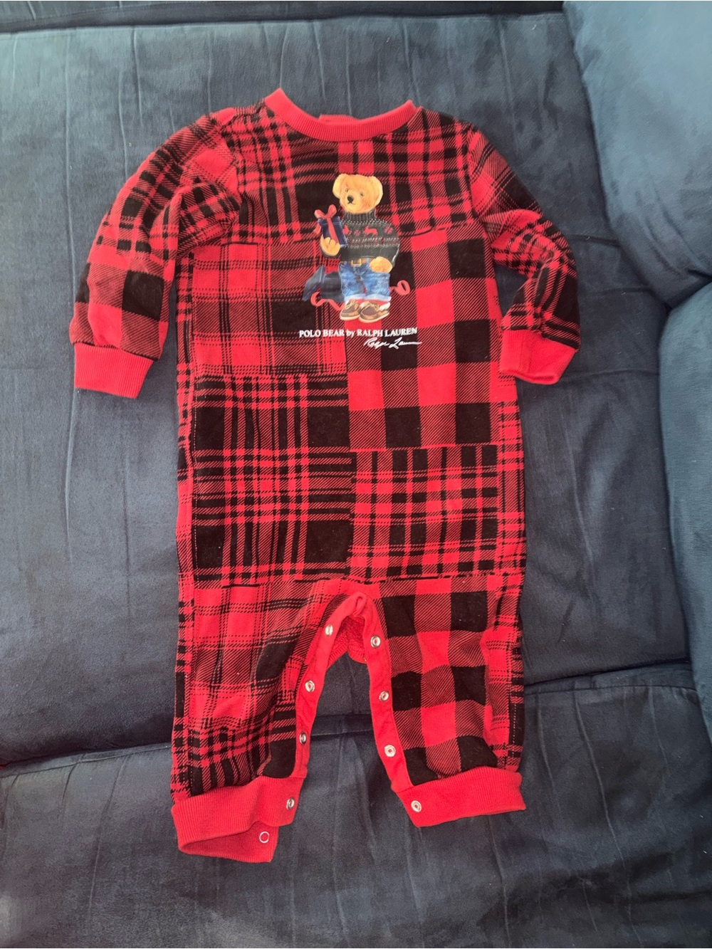 Ralph Lauren Red and Black Plaid Polo Bear Infant One-Piece